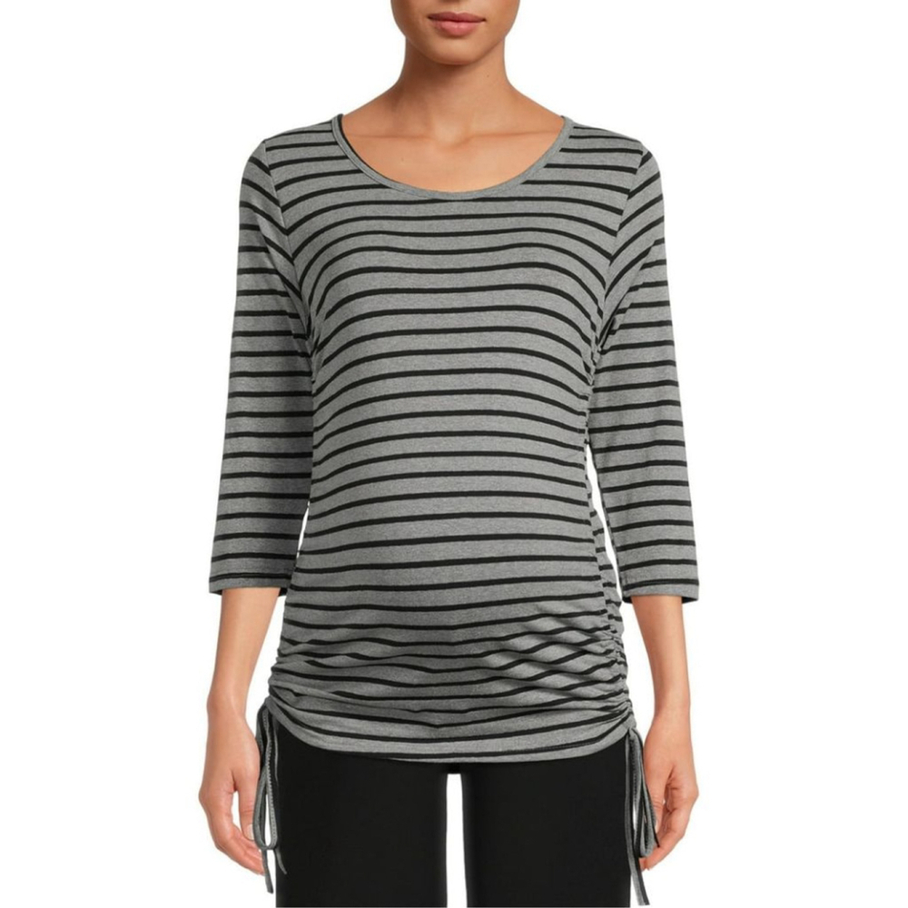 Oh Mamma! Heather Grey Black Striped 3/4 Sleeve Ruched Top with Ties NWT - Picture 2 of 5